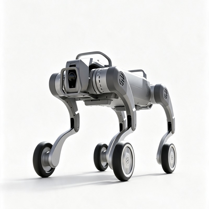 Czteronożny pies-robot na kołach terenowych
